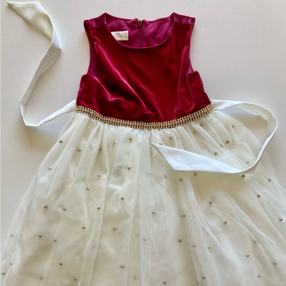 Girls Size 5 Red & White Formal Christmas Holiday Dress Tulle Velvet Satin